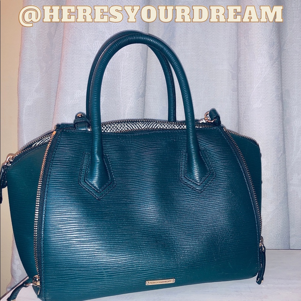 Rebecca Minkoff deep teal + gold zipper satchel w crossbody strap
